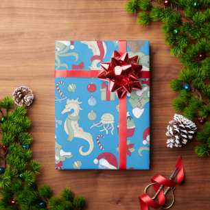 Papier Cadeau mer Noël hippocampe père Noël poulpe méduse
