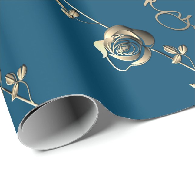Papier Cadeau "Merci" Rose argenté 3D sur Ocean Blue (Coin rond)