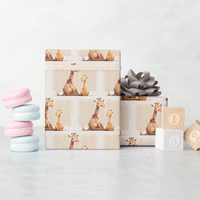 Papier Cadeau Mère Avec Bébé Giraffe Aquarelle (Baby Shower)