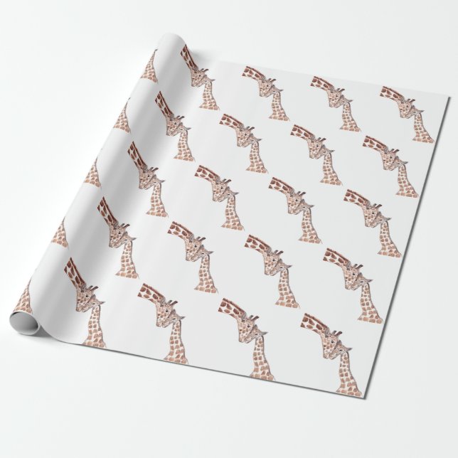 Papier Cadeau Mère girafe avec bébé aquarelle Safari mignon (Déroulé)