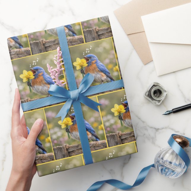 Papier Cadeau Merle bleu chantant dans une trompette de daffodil (Cadeaux)