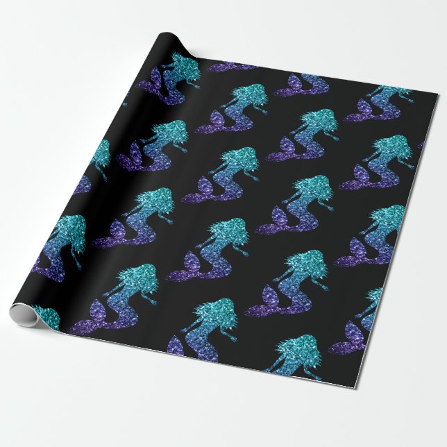 Papier Cadeau Mermaid aqua bleu ombre motif noir (Déroulé)