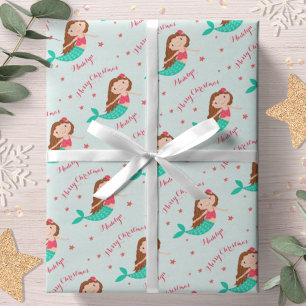 Papier Cadeau Mermaid Christmas Red Aqua Personnalisé