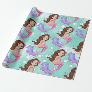 Papier Cadeau Mermaid Dark Hair Bubbles rose Bleu