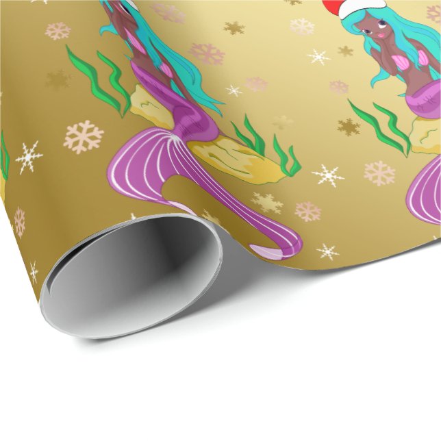 Papier Cadeau Mermaid de Noël magnifique flocon d'or motif (Coin rond)