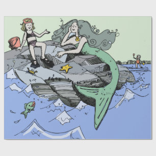 Papier Cadeau Mermaid littoral mignon dessin animé plage art pou