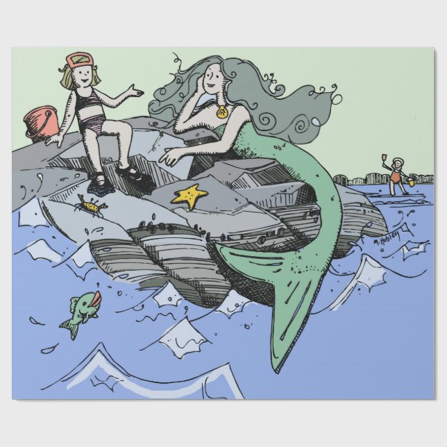 Papier Cadeau Mermaid littoral mignon dessin animé plage art pou (Plat)