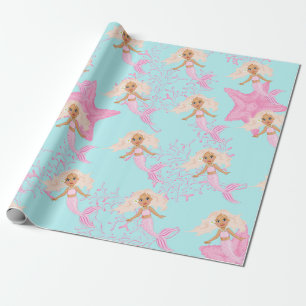 Papier Cadeau Mermaid Mignonne Fille Rose Bleu Sous La Mer