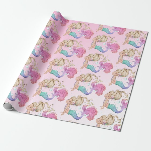Papier Cadeau Mermaid rose mignonne bulles enveloppant (Déroulé)