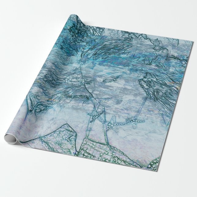 Papier Cadeau Mermaid Turquoise Vert Nautique Vagues Océan Décou (Déroulé)