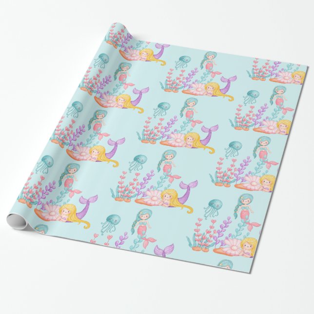 Papier Cadeau Mermaids et méduses sous l'aquarelle marine (Déroulé)
