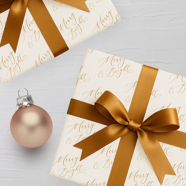 Papier Cadeau Merry & Bright Gold Script Christmas (Créateur téléchargé)