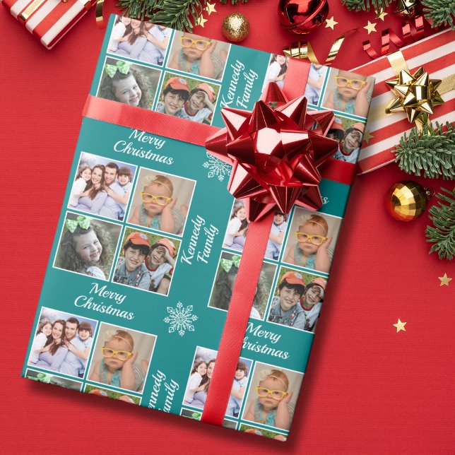 Papier Cadeau Merry Christmas 4 Photo Collage Family Name Teal (Créateur téléchargé)