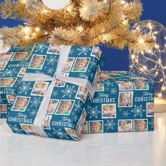 Papier Cadeau Merry Christmas 4 Photos Snowflake Christmas Blue