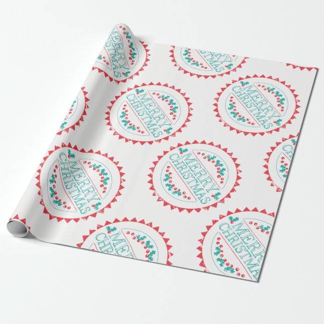 Papier Cadeau Merry Christmas Aqua & Red Chalk Stamp Typografy (Déroulé)