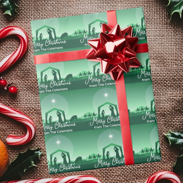 Papier Cadeau Merry Christmas Nativity Scene Personalized Green (Créateur téléchargé)