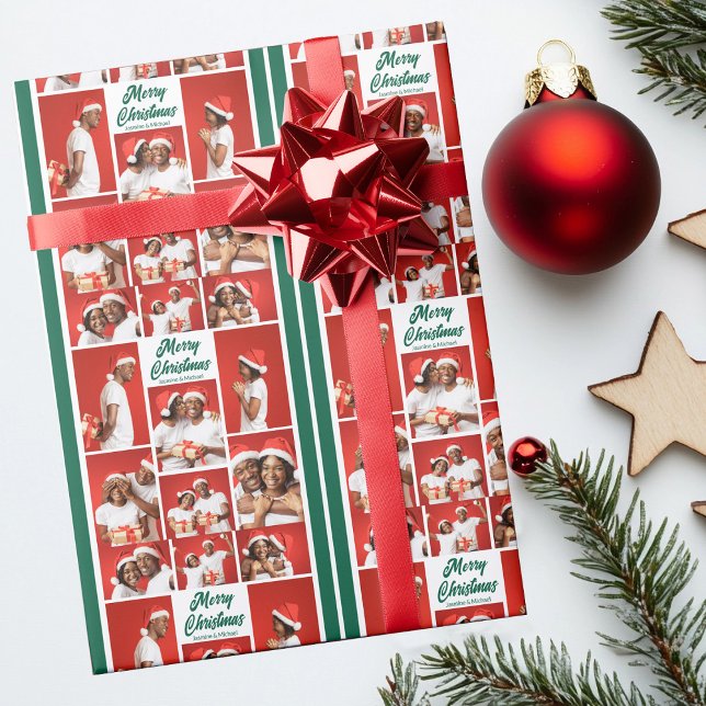 Papier Cadeau Merry Christmas Photo Collage 2025 Green Script (Créateur téléchargé)
