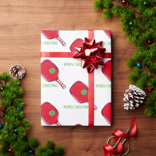 Papier Cadeau Merry Christmas Pickleball Red Paddle & Green Ball (Cadeau de vacances)