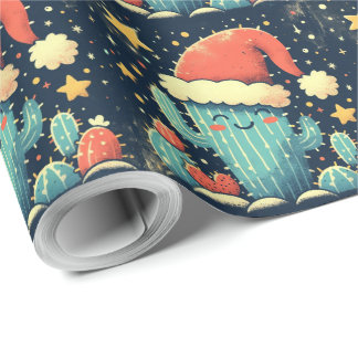 Papier Cadeau Merry Christmas Santa cactus plants