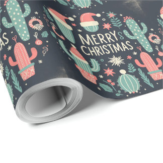 Papier Cadeau Merry Christmas Santa potted cactus