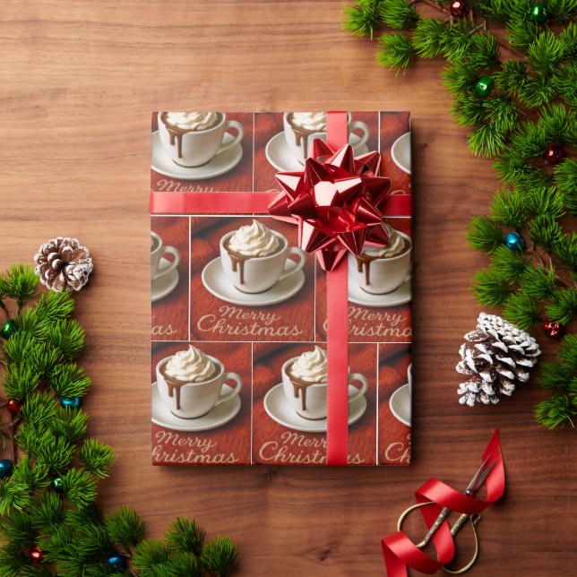 Papier Cadeau Merry Christmas Text With Hot Chocolate Drink (Cadeau de vacances)