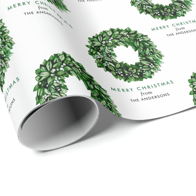 Papier Cadeau Merry Christmas Watercolor Wreath personnalisée (Coin rond)