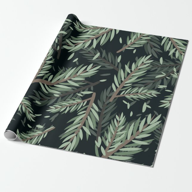 Papier Cadeau Merry Christmass pin Feuille arbre botanique (Déroulé)
