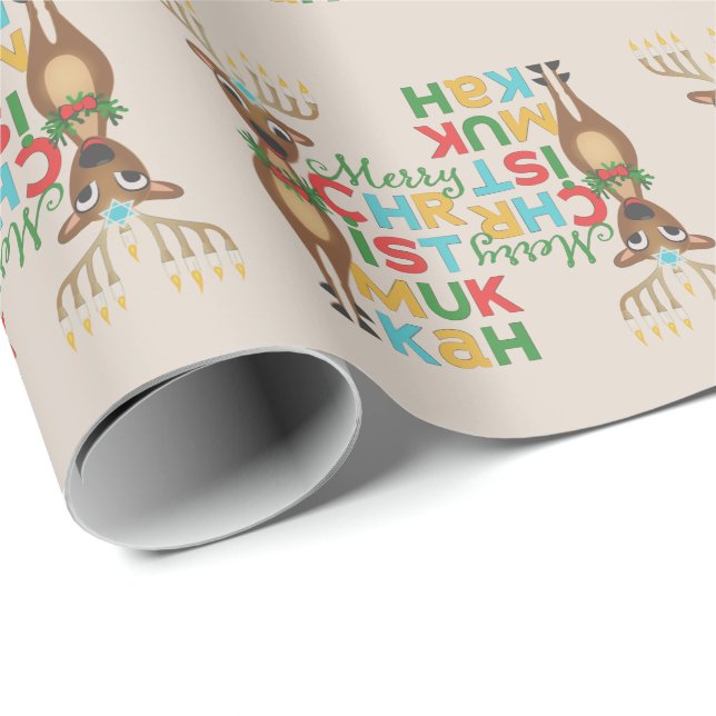 Papier Cadeau Merry Christmukkah Reindeer (Coin rond)