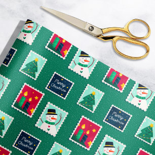 Papier Cadeau Merry Mail Green Vacances Postage Timbres Motif