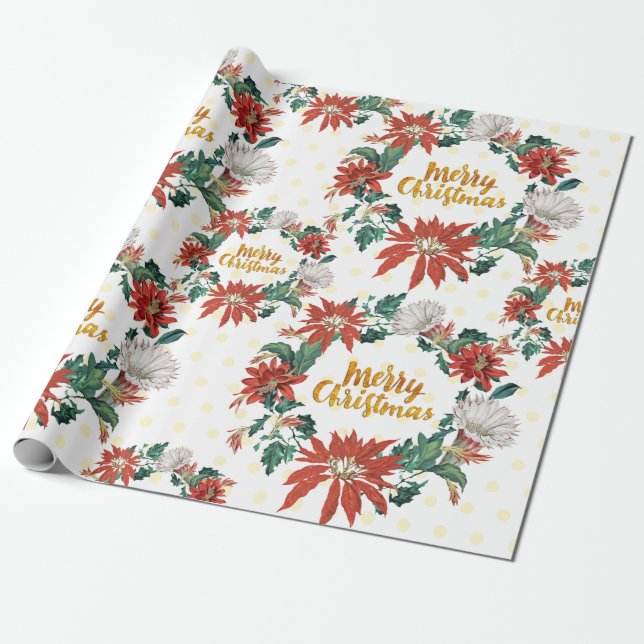 Papier Cadeau Merry or Noël Floral Wreath avec Poinsettia (Déroulé)