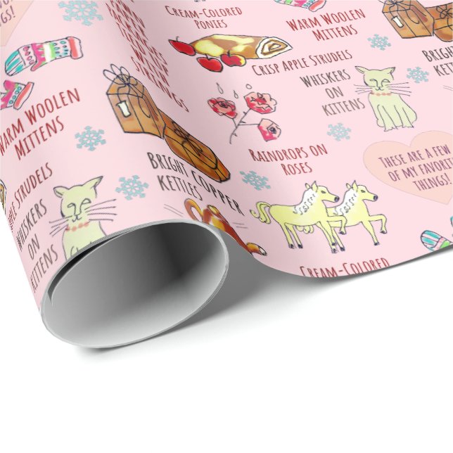 Papier Cadeau Mes Choses Favorites Main dessinée Noël Retro Rose (Coin rond)