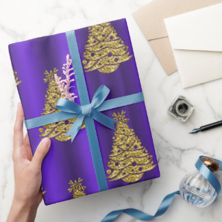 Papier Cadeau Metallic Gold Christmas Trees on Purple Christmas