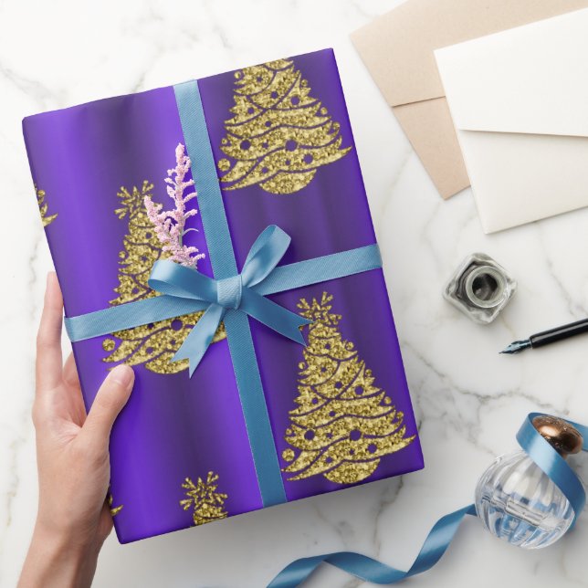 Papier Cadeau Metallic Gold Christmas Trees on Purple Christmas (Cadeaux)