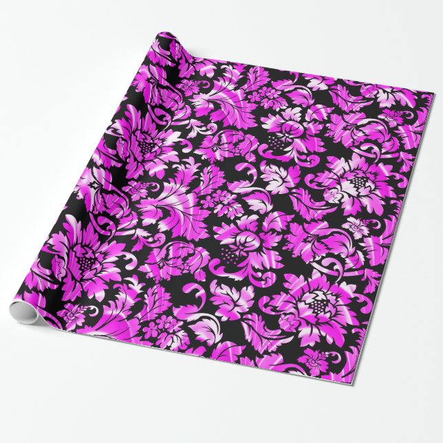 Papier Cadeau Métallo rose floral Damask (Déroulé)