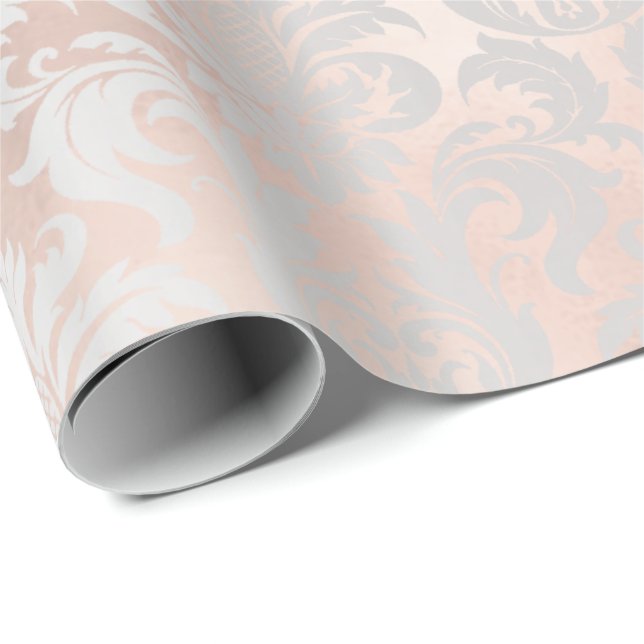 Papier Cadeau Métallurgique Rose or brillant gris argent Damas (Coin rond)