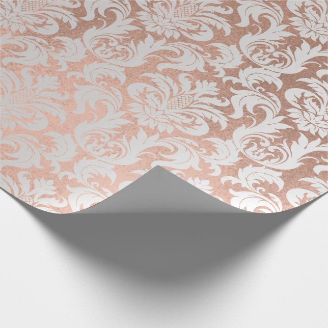 Papier Cadeau Métallurgique Rose Or Coppe Gris Argent Damas (Coin)