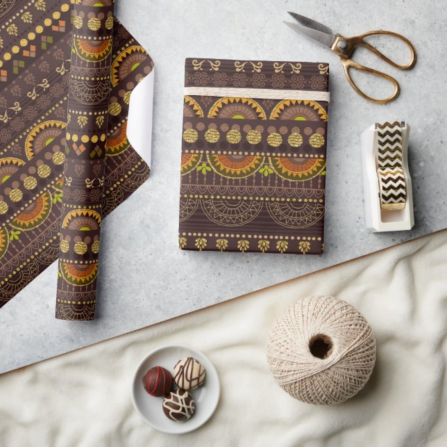 Papier Cadeau Mexique Tribal Brown Gold Green (Artisanat)