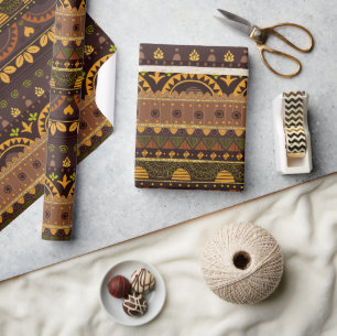 Papier Cadeau Mexique Tribal Brown Gold Green