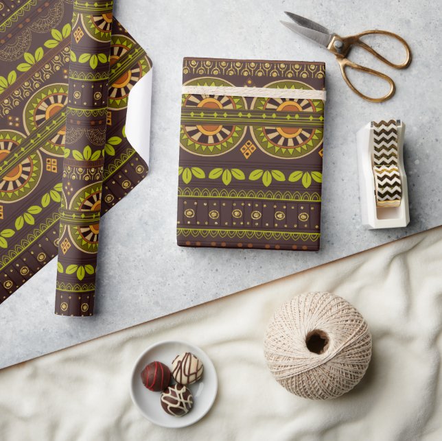 Papier Cadeau Mexique Tribal Brown Gold Green (Artisanat)