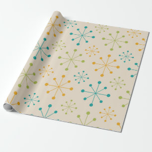 Papier Cadeau Mi-siècle Atomique Starburst Orange Vert Turquoise