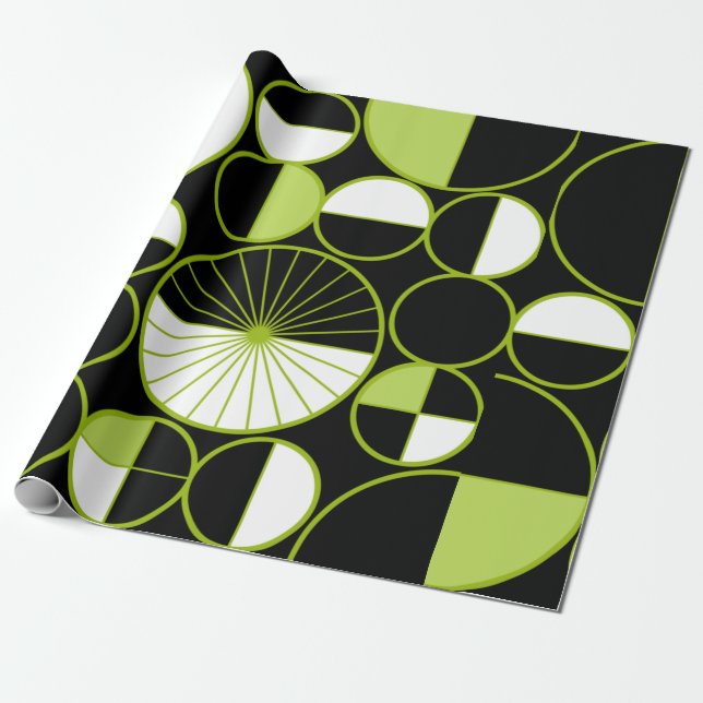 Papier Cadeau Mi-siècle Cercles modernes Moitié Chartreuse noire (Déroulé)