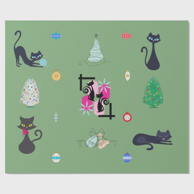 Papier Cadeau Mi-siècle moderne Atomique Chat Noël (Plat)
