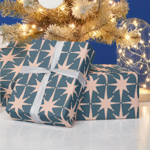 Papier Cadeau Mi-siècle Moderne Retro Stars Acier Bleu Motif