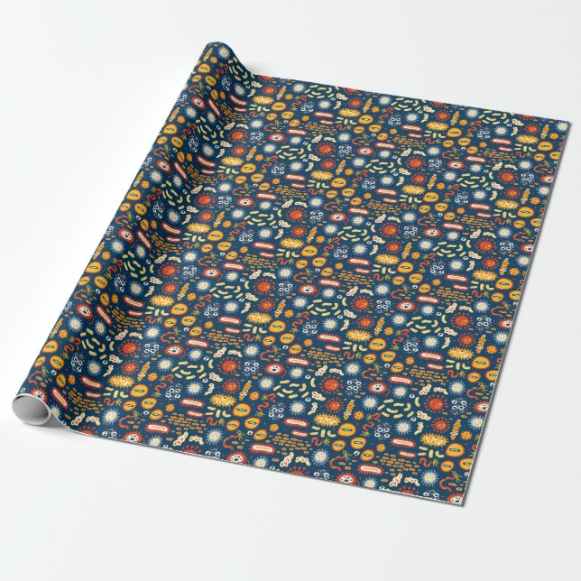 Papier Cadeau Microorganismes Bleu foncé : Motif de biologie (Déroulé)