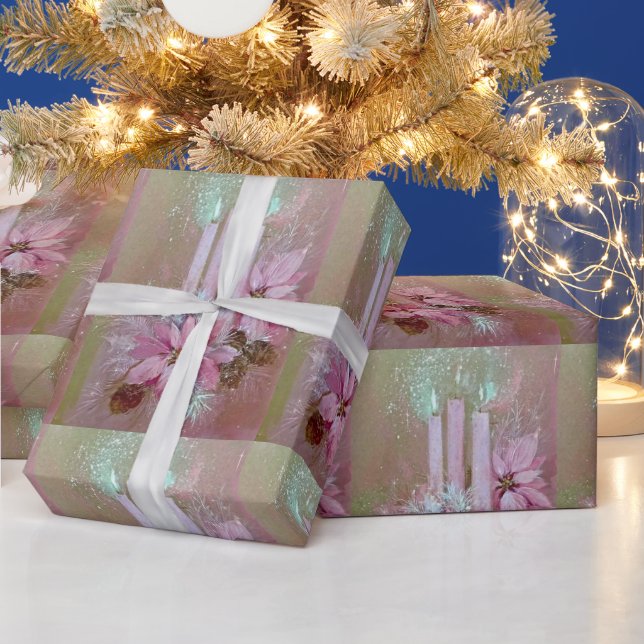 Papier Cadeau Mid Century Moderne Chandelles Roses & Poinsettia (Vacances)