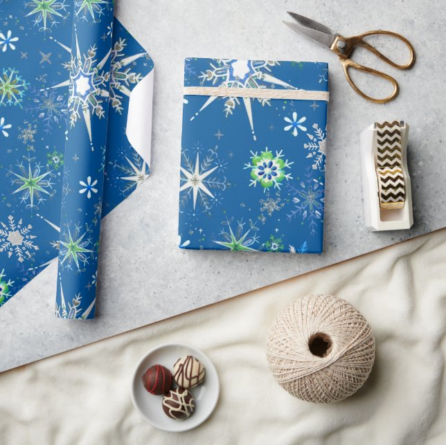 Papier Cadeau Mid-Century Snowflakes Galore On Blue (Artisanat)