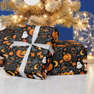 Papier Cadeau Mignon Chat Noir & Citrouille Motif Sans Couture É