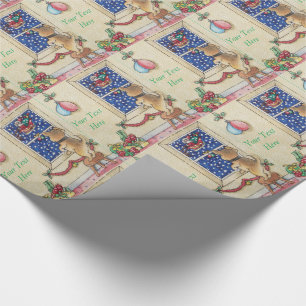 Papier Cadeau mignon chiot brun regardant père Noël traîner dans