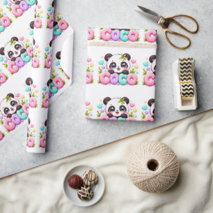 Papier Cadeau Mignon Kawaii Coco Panda Nom Pastel Rose Étincelan