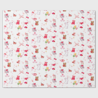 Papier Cadeau Mignon Kawaii Ours en Peluche & Cœurs Saint-Valent